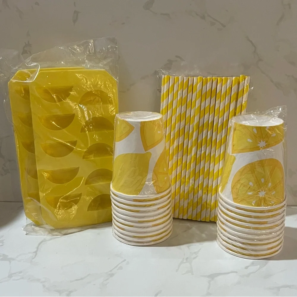 Lemon Themed Party Supplies Bundle Paper Cups, Paper Straws, Silicone Mold Trays
